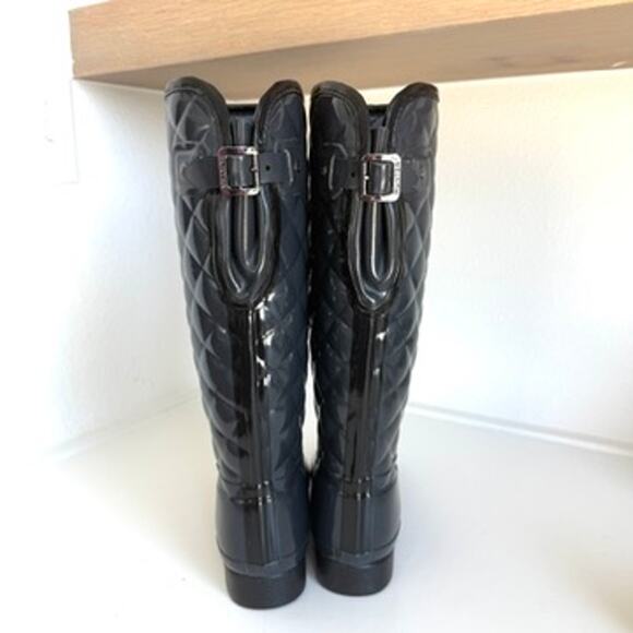 Hunter Gloss Quilted Tall Rain Boots Charcoal Rubber Waterproof 7 Women EUC - Picture 5 of 15